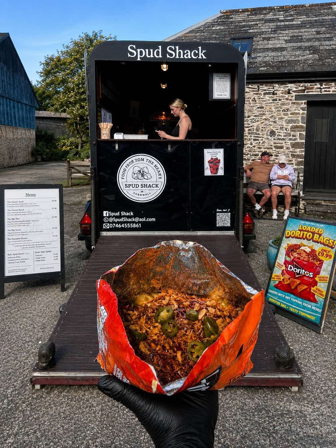 Loaded Dorito Bag — sharing bag of original Doritos loaded with shredded chicken, jalapeños and toppings, served at the Spud Shack horsebox
